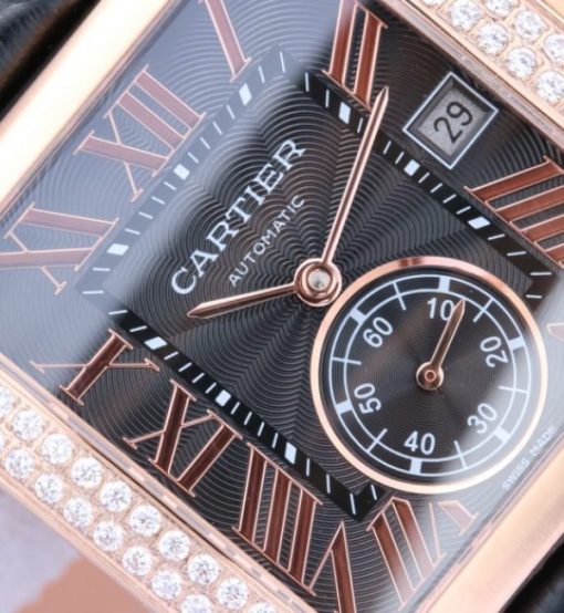 Replica Cartier Tank MC RG Black Textured Dial Diamonds Bezel Leather Strap - Image 2