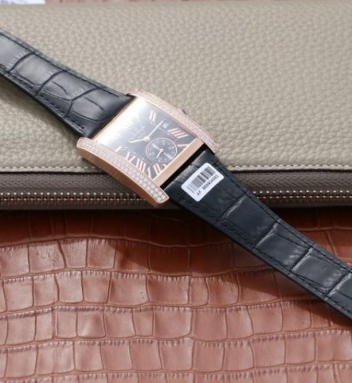 Replica Cartier Tank MC RG Black Textured Dial Diamonds Bezel Leather Strap - Image 8