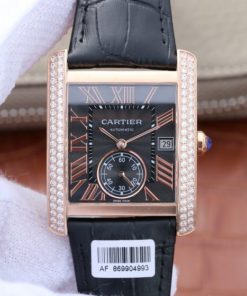 Replica Cartier Tank MC RG Black Textured Dial Diamonds Bezel Leather Strap