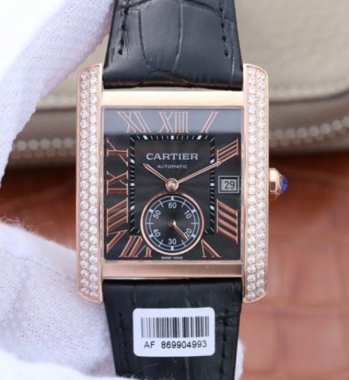 Replica Cartier Tank MC RG Black Textured Dial Diamonds Bezel Leather Strap