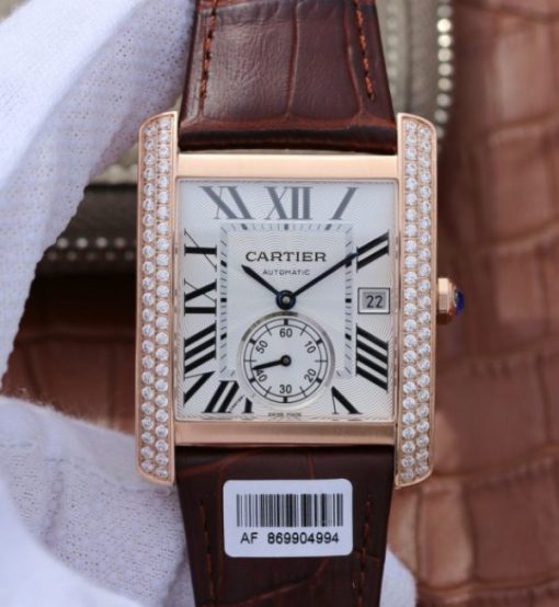 Replica Cartier Tank MC RG White Textured Dial Diamonds Bezel Leather Strap