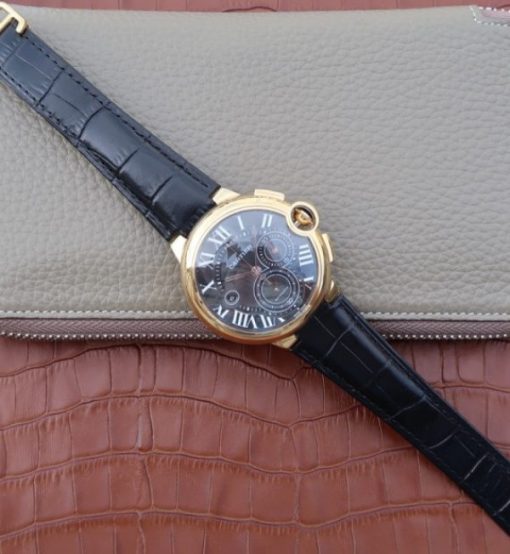Replica Cartier Ballon Bleu De Cartier Chrono 44mm YG Black Dial Leather Strap A8101 - Image 7