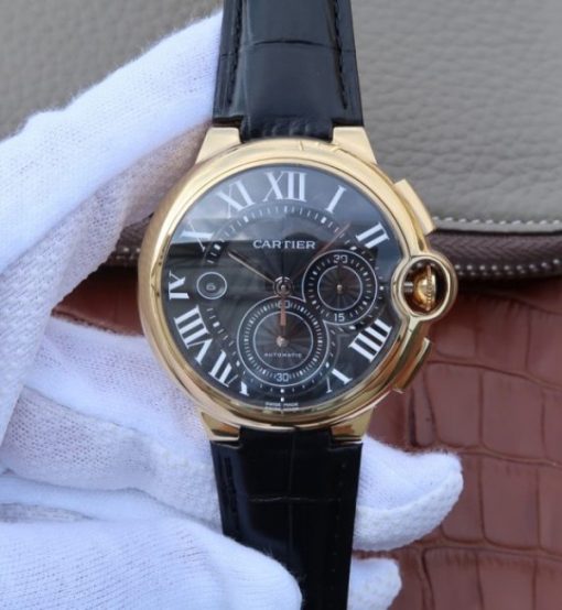 Replica Cartier Ballon Bleu De Cartier Chrono 44mm YG Black Dial Leather Strap A8101