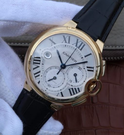 Replica Cartier Ballon Bleu De Cartier Chrono 47mm YG White Dial Leather Strap A8101 - Image 2