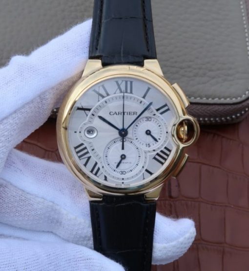 Replica Cartier Ballon Bleu De Cartier Chrono 47mm YG White Dial Leather Strap A8101