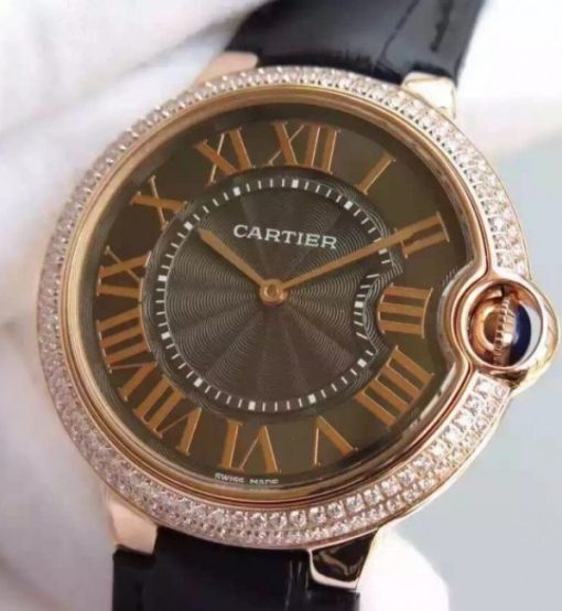 Replica Cartier Ballon Bleu 40mm RG Diamonds Bezel Black Dial Leather Strap MIYOTA9015 - Image 2