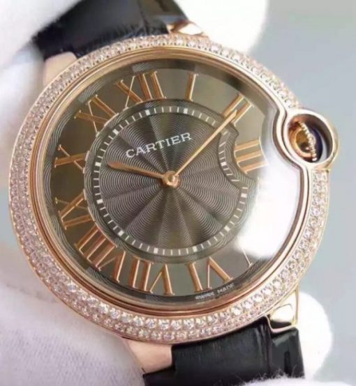 Replica Cartier Ballon Bleu 40mm RG Diamonds Bezel Black Dial Leather Strap MIYOTA9015 - Image 3