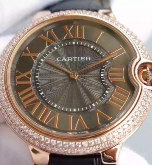 Replica Cartier Ballon Bleu 40mm RG Diamonds Bezel Black Dial Leather Strap MIYOTA9015 - Image 4