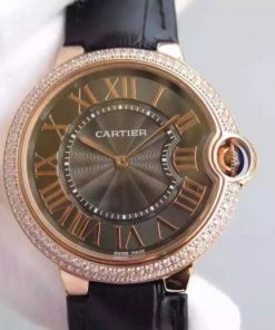 Replica Cartier Ballon Bleu 40mm RG Diamonds Bezel Black Dial Leather Strap MIYOTA9015