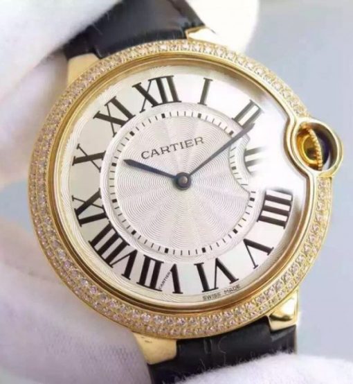 Replica Cartier Ballon Bleu 40mm YG Diamonds Bezel White Dial Leather Strap MIYOTA9015 - Image 4