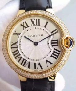 Replica Cartier Ballon Bleu 40mm YG Diamonds Bezel White Dial Leather Strap MIYOTA9015