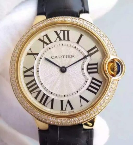Replica Cartier Ballon Bleu 40mm YG Diamonds Bezel White Dial Leather Strap MIYOTA9015