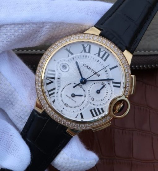 Replica Cartier Ballon Bleu De Cartier Chrono YG White Dial Diamonds Bezel A8101 - Image 2