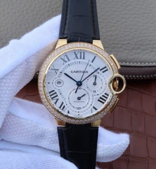 Replica Cartier Ballon Bleu De Cartier Chrono YG White Dial Diamonds Bezel A8101