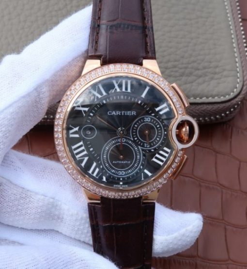 Replica Cartier Ballon Bleu De Cartier Chrono RG Black Dial Diamonds Bezel A8101