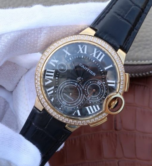Replica Cartier Ballon Bleu De Cartier Chrono YG Black Dial Diamonds Bezel A8101 - Image 2