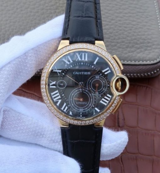 Replica Cartier Ballon Bleu De Cartier Chrono YG Black Dial Diamonds Bezel A8101