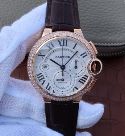 Replica Cartier Ballon Bleu De Cartier Chrono RG White Dial Diamonds Bezel A8101