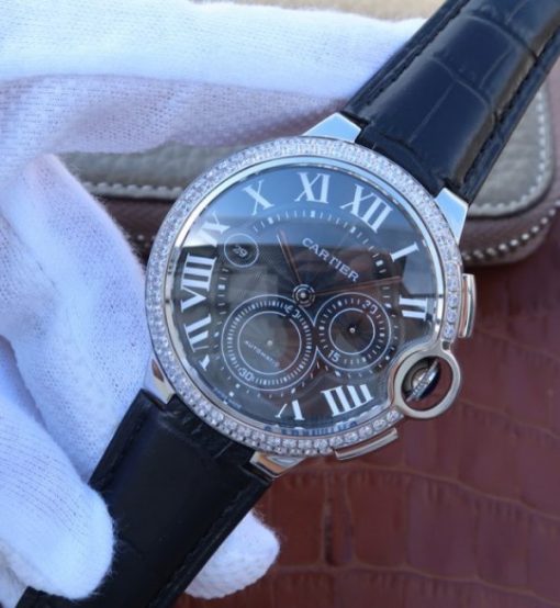 Replica Cartier Ballon Bleu De Cartier Chrono SS Black Dial Diamonds Bezel A8101 - Image 2