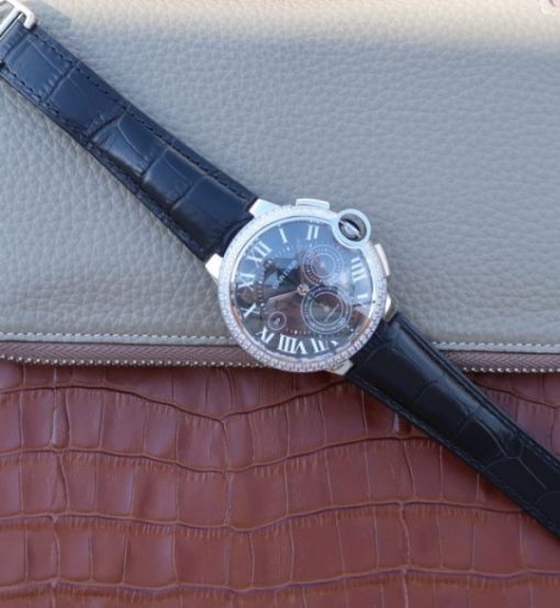 Replica Cartier Ballon Bleu De Cartier Chrono SS Black Dial Diamonds Bezel A8101 - Image 8
