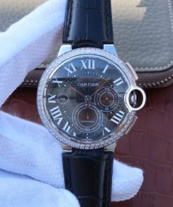 Replica Cartier Ballon Bleu De Cartier Chrono SS Black Dial Diamonds Bezel A8101