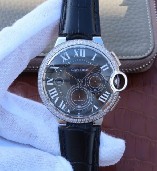 Replica Cartier Ballon Bleu De Cartier Chrono SS Black Dial Diamonds Bezel A8101