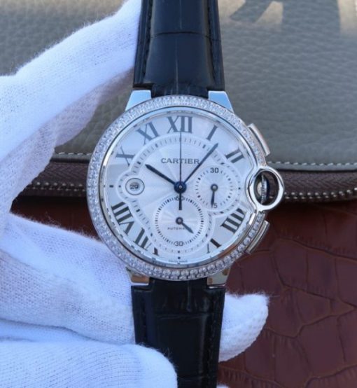 Replica Cartier Ballon Bleu De Cartier Chrono SS White Dial Diamonds Bezel A8101
