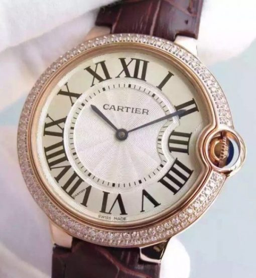Replica Cartier Ballon Bleu 40mm RG Diamonds Bezel Whit Dial Leather Strap MIYOTA9015 - Image 2