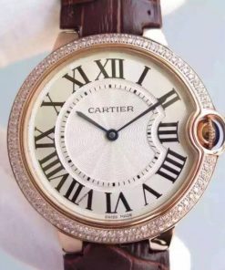 Replica Cartier Ballon Bleu 40mm RG Diamonds Bezel Whit Dial Leather Strap MIYOTA9015