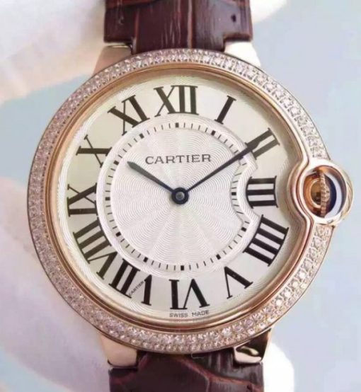 Replica Cartier Ballon Bleu 40mm RG Diamonds Bezel Whit Dial Leather Strap MIYOTA9015