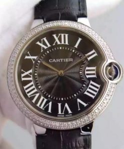 Replica Cartier Ballon Bleu 40mm Diamonds Bezel Black Dial Leather Strap MIYOTA9015
