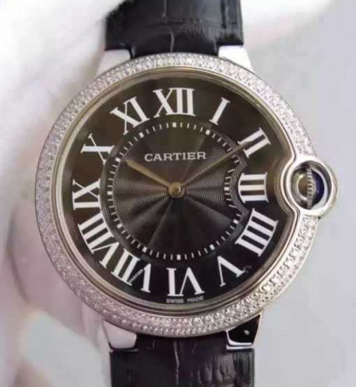 Replica Cartier Ballon Bleu 40mm Diamonds Bezel Black Dial Leather Strap MIYOTA9015