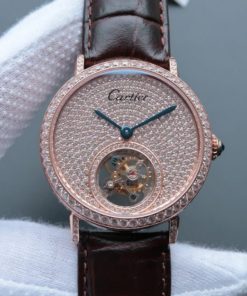 Replica Cartier Tourbillon RG Diamonds Dial&Bezel Leather Strap