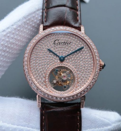 Replica Cartier Tourbillon RG Diamonds Dial&Bezel Leather Strap