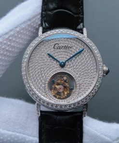 Replica Cartier Tourbillon SS Diamonds Dial&Bezel Leather Strap