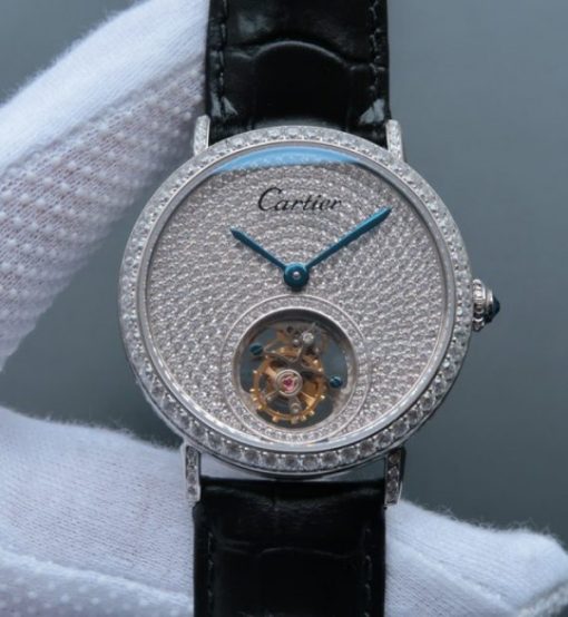 Replica Cartier Tourbillon SS Diamonds Dial&Bezel Leather Strap