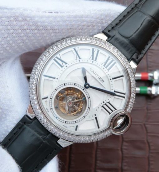 Replica Cartier Ballon Bleu Tourbillon SS Diamond Bezel Black Leather Strap - Image 2