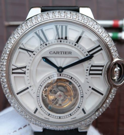 Replica Cartier Ballon Bleu Tourbillon SS Diamond Bezel Black Leather Strap - Image 3