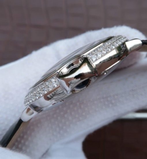 Replica Cartier Ballon Bleu Tourbillon SS Diamond Bezel Black Leather Strap - Image 4