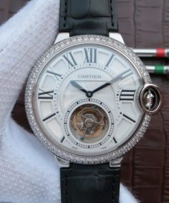 Replica Cartier Ballon Bleu Tourbillon SS Diamond Bezel Black Leather Strap