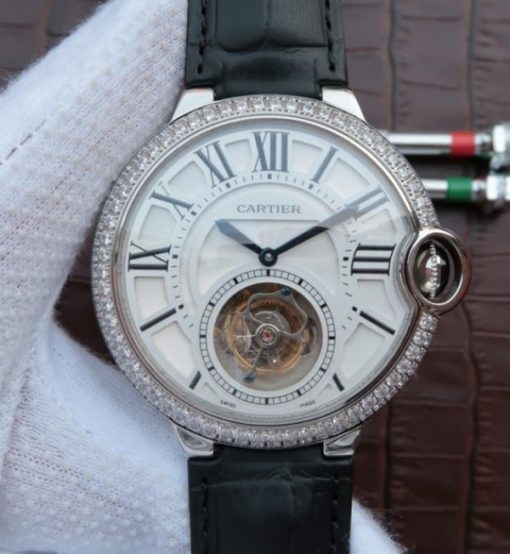 Replica Cartier Ballon Bleu Tourbillon SS Diamond Bezel Black Leather Strap