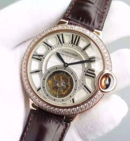 Replica Cartier Ballon Bleu Tourbillon RG Diamond Bezel Brown Leather Strap - Image 2