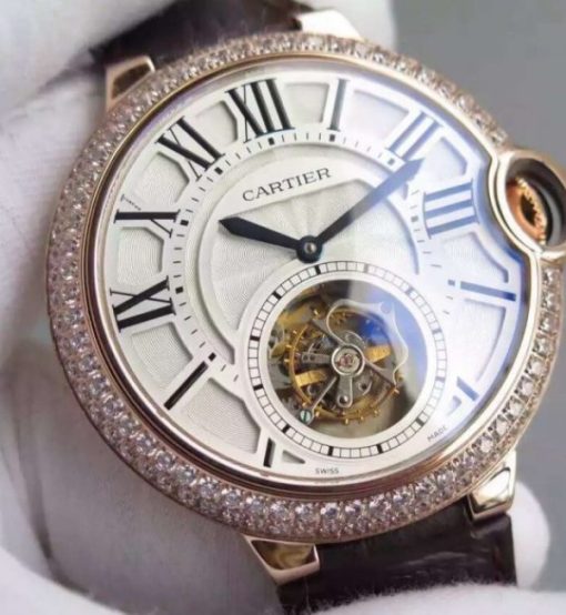 Replica Cartier Ballon Bleu Tourbillon RG Diamond Bezel Brown Leather Strap - Image 4
