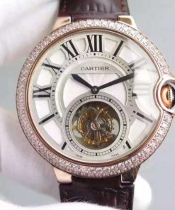 Replica Cartier Ballon Bleu Tourbillon RG Diamond Bezel Brown Leather Strap