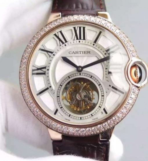 Replica Cartier Ballon Bleu Tourbillon RG Diamond Bezel Brown Leather Strap