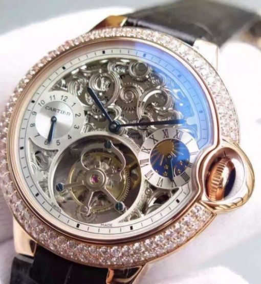Replica Cartier Ballon Bleu Skeleton Tourbillon Diamond Bezel RG White Dial - Image 3