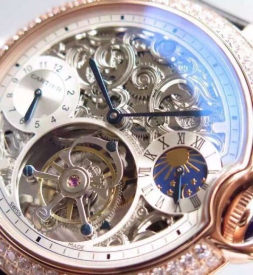 Replica Cartier Ballon Bleu Skeleton Tourbillon Diamond Bezel RG White Dial - Image 4