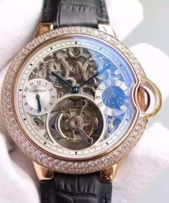 Replica Cartier Ballon Bleu Skeleton Tourbillon Diamond Bezel RG White Dial