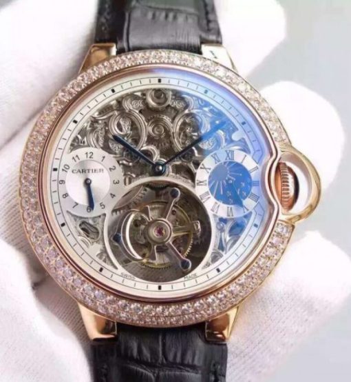 Replica Cartier Ballon Bleu Skeleton Tourbillon Diamond Bezel RG White Dial