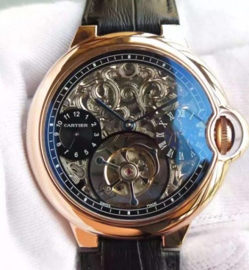 Replica Cartier Ballon Bleu Skeleton Tourbillon RG Black Dial